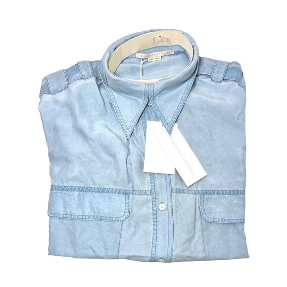 Stella McCartney Womens Blue Silk Collared Long Sleeve Button Blouse Sz 10 New - Picture 4 of 13